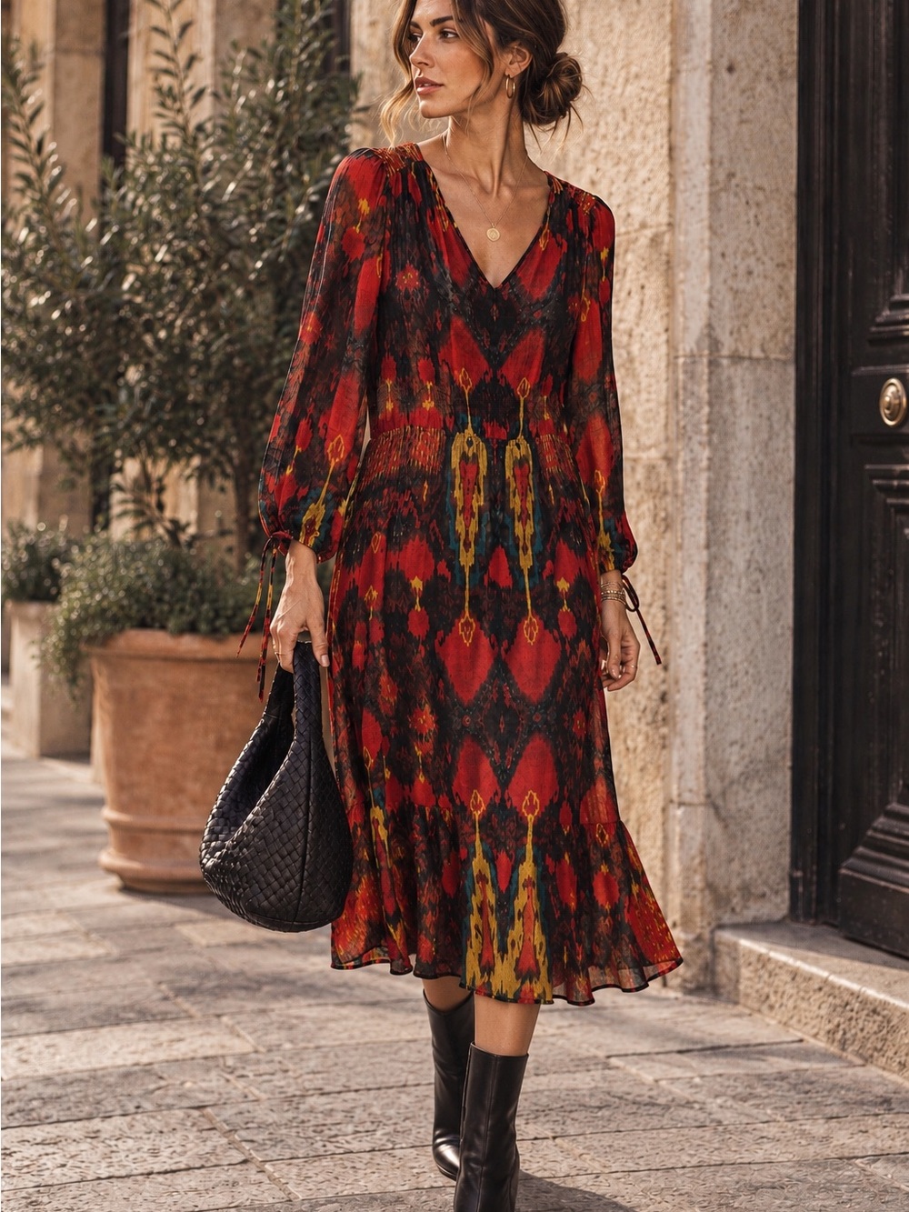 Bo Vince Camuto Red Black Abstract Print Long Sleeve Midi Dress Size Small